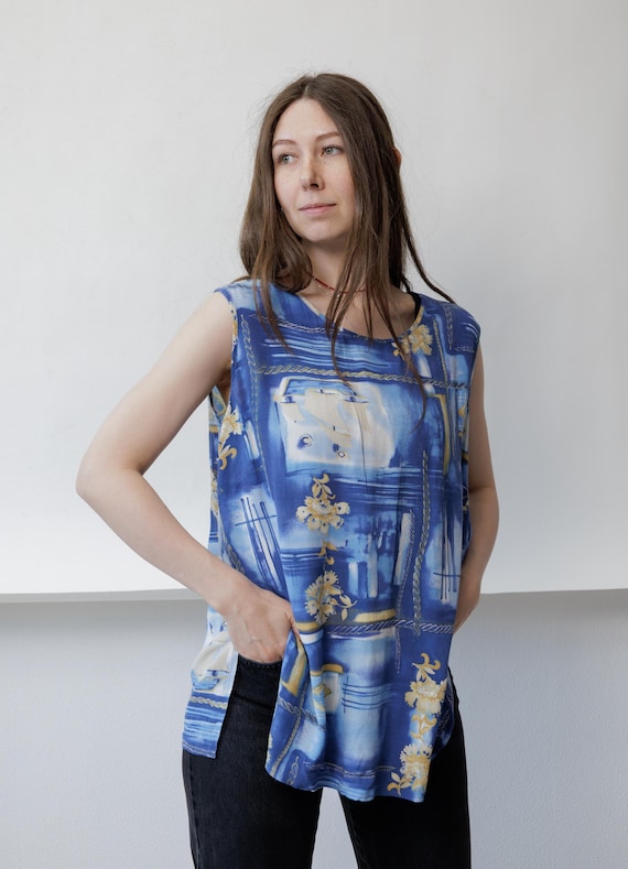 90s Blue Gold Abstract Print Top Vintage Baroque Scarf Print Sleeveless Shell Blouse Large