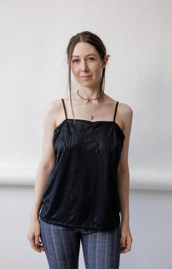 80s Black Moire Satin Cami Vintage Straight Neck Evening Tank Top Size M