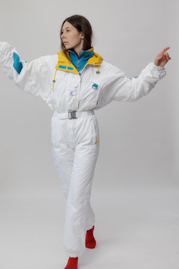 90s K-Way White Ski Suit Turquoise Yellow Hooded Belted Snowsuit S/M