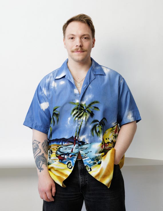 Blue Hawaiian Shirt Camp Collar Beach Scenic Print Vintage Car 90s XXL
