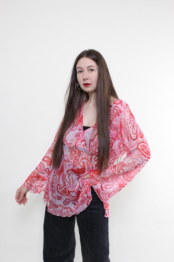 90s paisley print blouse sheer retro floral pink top, Size M