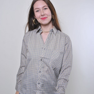 90s plaid print minimalist blouse, vintage checkered button front blouse, Size L