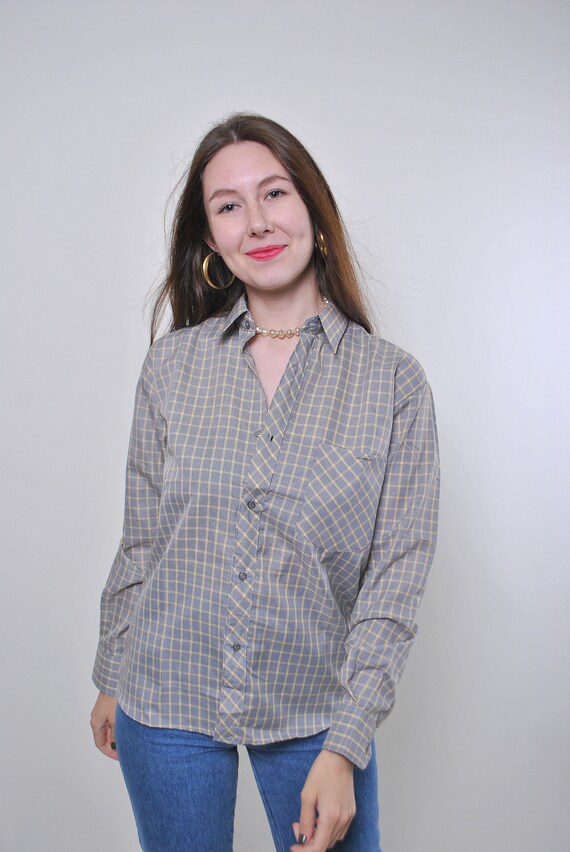 90s plaid print minimalist blouse, vintage checkered button front blouse, Size L