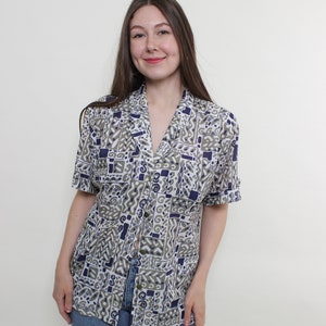 Vintage 90s Abstract Blouse: Green Funky Button-Up, Size M
