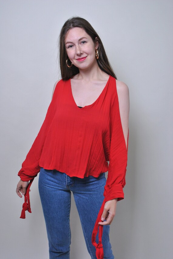 Y2K Red Cold Shoulder Top Open Sleeve Tie Cuff Flowy Boho Blouse Size L