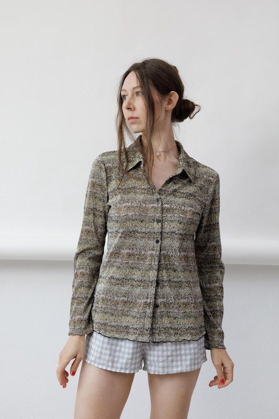 Y2K Plisse Space Dye Vintage Button Up Shirt Sage Black Lurex Stripe Size M