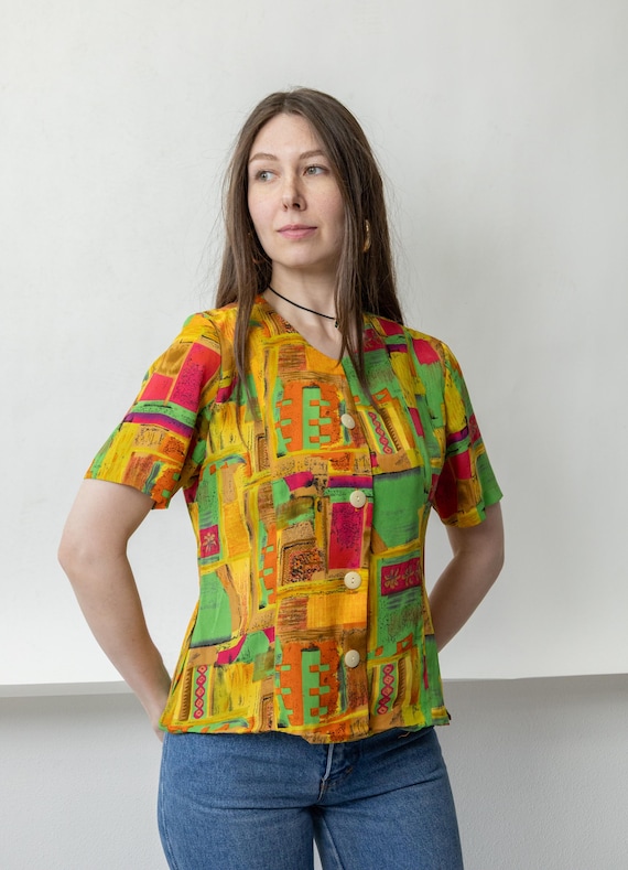 90s Abstract Art Print Blouse Vintage Colorful Geometric Button Up Shirt Size M
