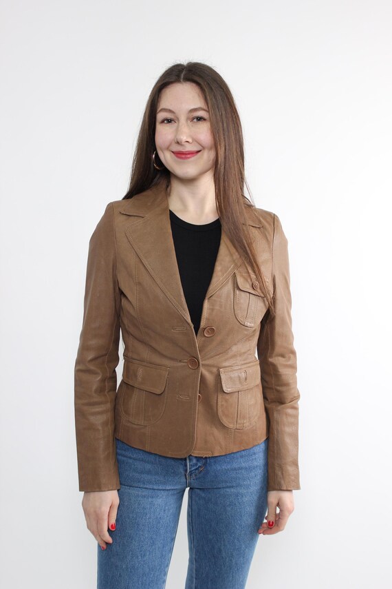 Vintage Brown Leather Blazer, 90s Fitted Leather Jacket, Size XS