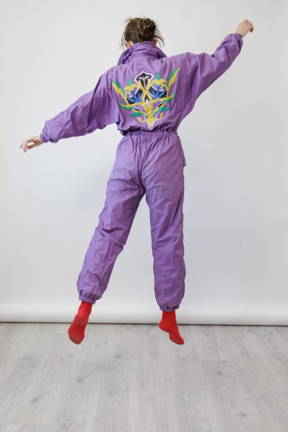 80s Lavender Applique Embroidered Vintage Ski Suit Jumpsuit Made in France Size S