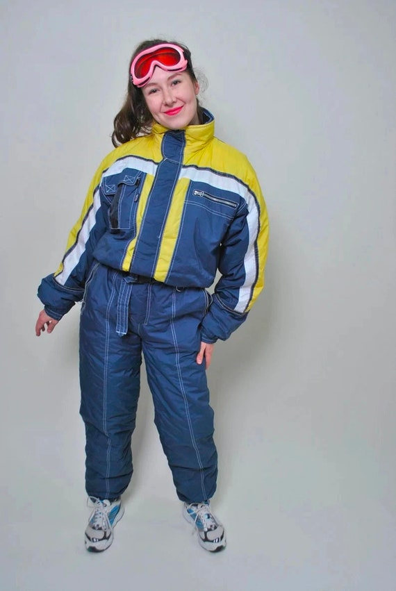 90s Blue Yellow Ski Suit with Hood, Vintage One Piece Snowsuit Nylon, Size M