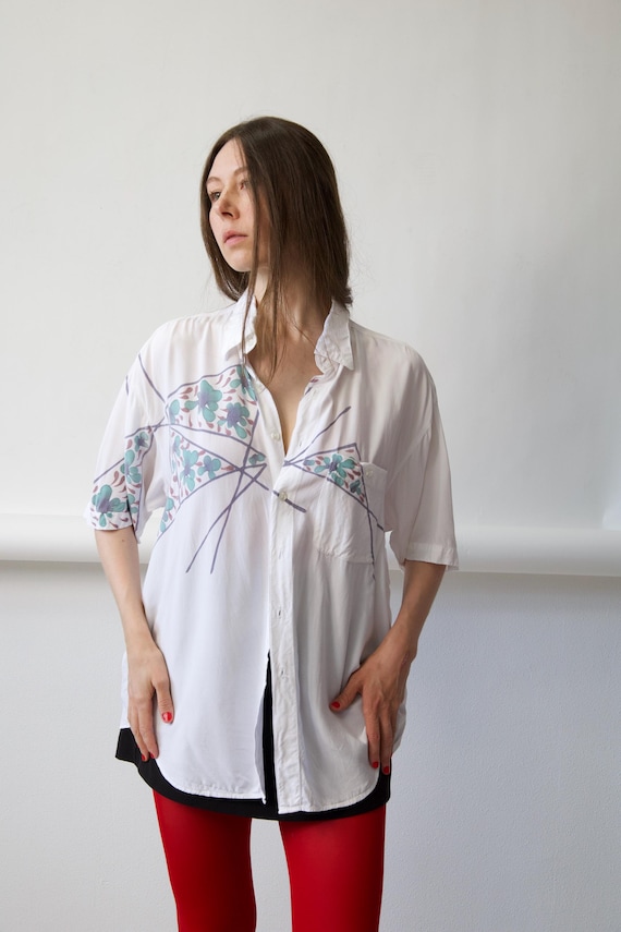 90s Abstract Floral Hand Painted Oversized Shirt Size L