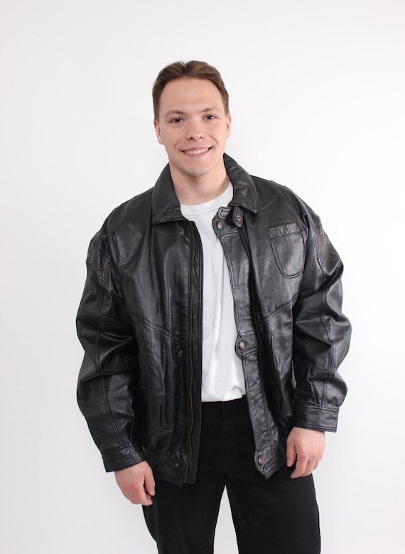 Vintage 80s Black Leather Bomber Jacket L Oversized Retro Biker Jacket Grunge Aviator Coat