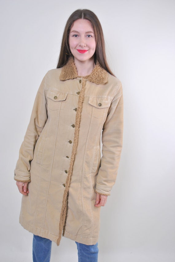 Y2k Beige Corduroy Sherpa Trim Longline Coat Fitted Button Up Jacket Medium