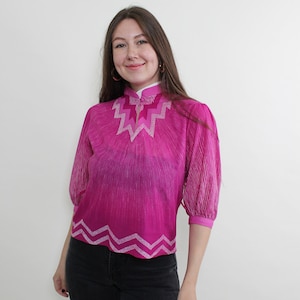Vintage 90s Pink Folk Blouse | Ethnic Embroidered Puff Sleeves | Size M Cropped | Nostalgic Ethnic Fashion