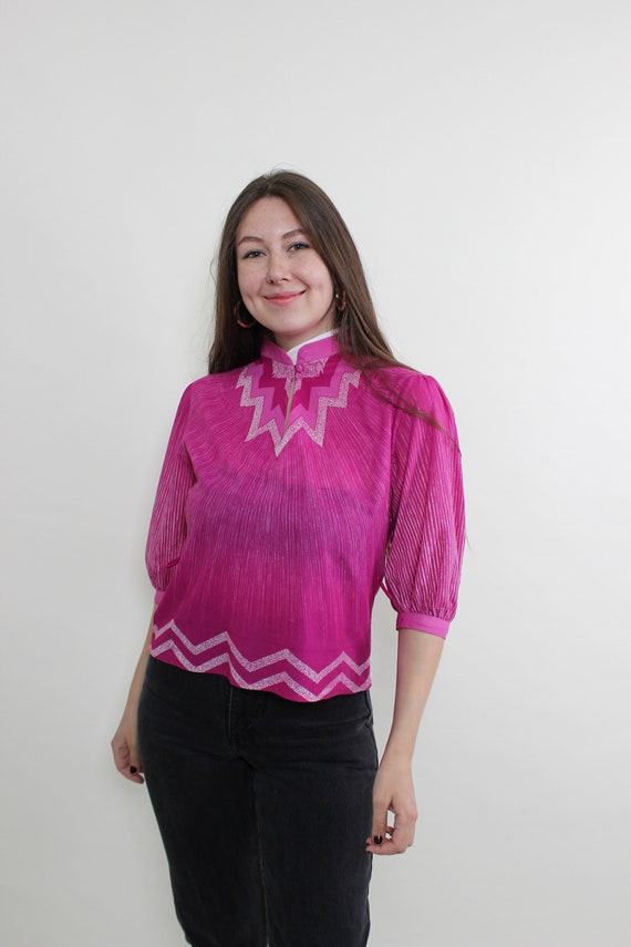 Vintage 90s Pink Folk Blouse | Ethnic Embroidered 