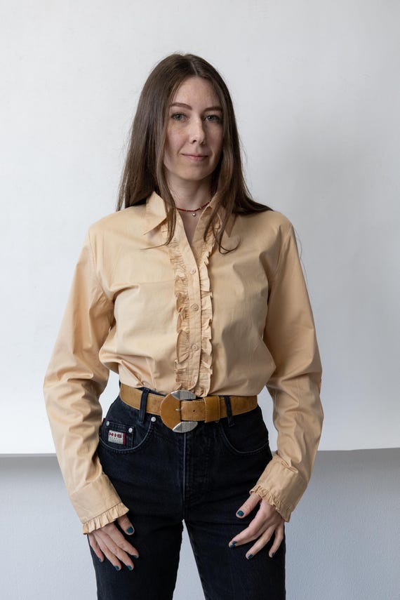90s Caramel Ruffle Placket Blouse Vintage Cotton Ruffle Cuff Button Up Shirt Size L