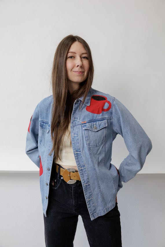 Coffee Cup Reworked Denim Jacket Coffee Mug Appliqué One of a Kind Vintage