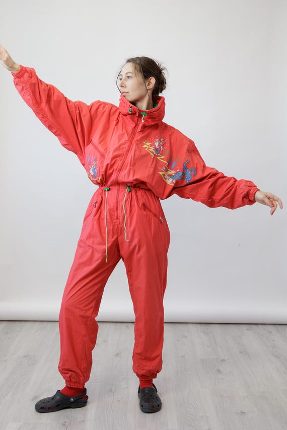 80s Red Cartoon Skier Print Vintage Ski Suit Jumpsuit Made in France Size M