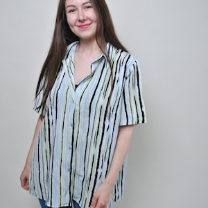 90s Vintage Striped Polyester Blouse - Relaxed Fit Size L