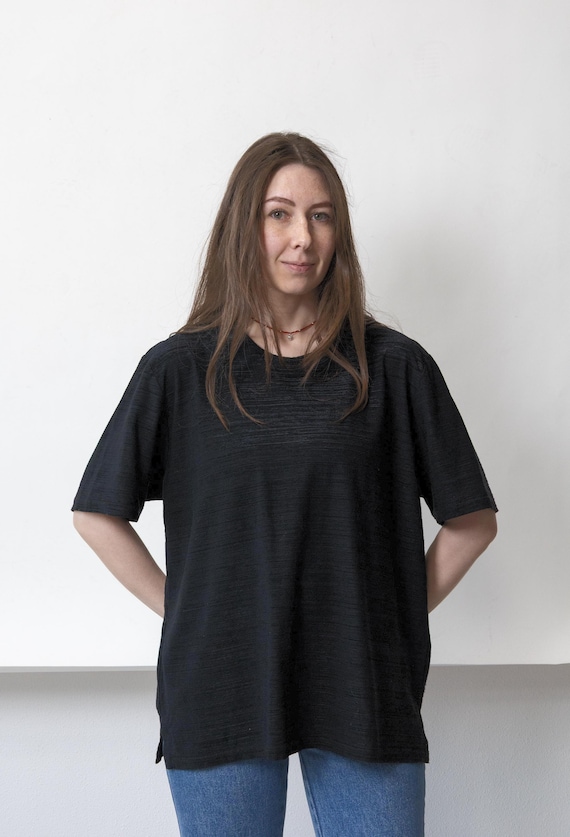 90s Black Textured Tee Vintage Oversized Slub Knit Boxy Short Sleeve Minimalist XXL