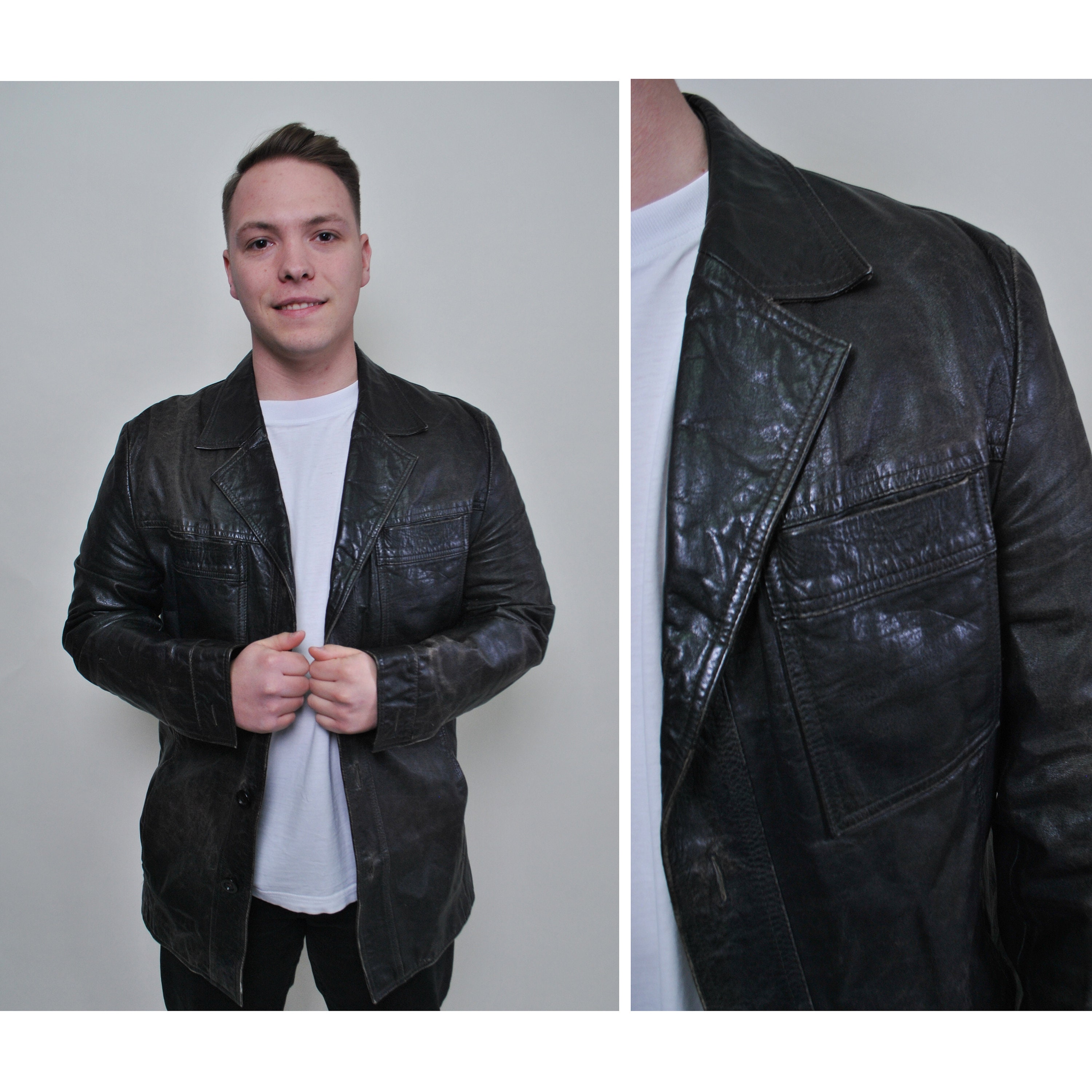 Vintage Leather Trench Coat, 90s Black Leather Blazer Jacket
