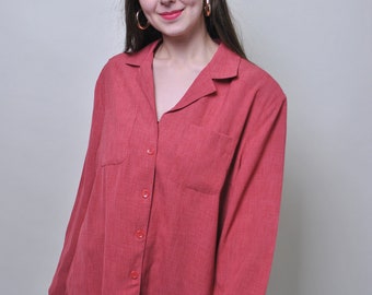 Minimalist red blouse, vintage long sleeve button up shirt, Size XL
