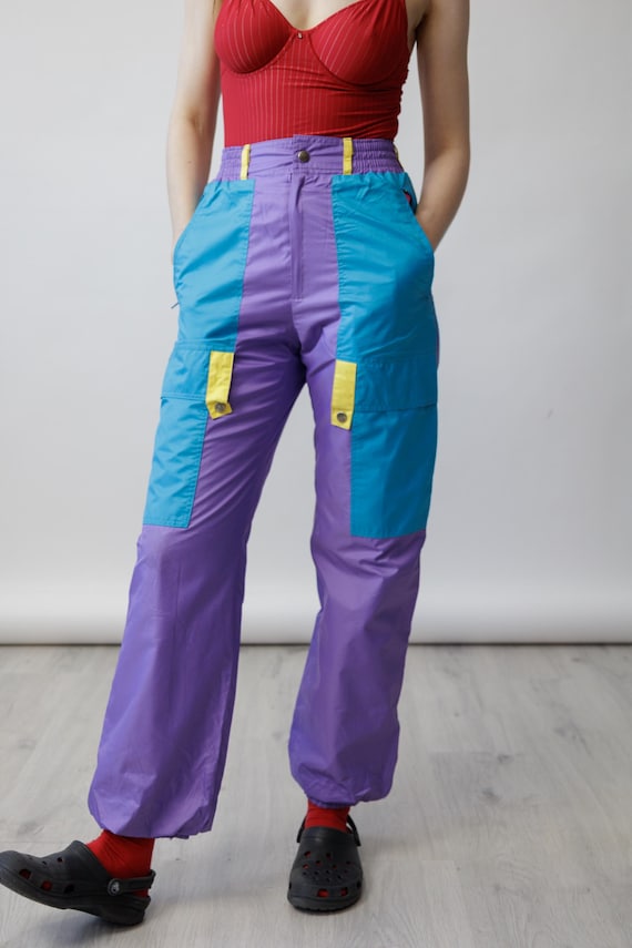 80s Lavender Turquoise Colorblock Vintage Ski Pants Cargo Panel Snap Tab Snow Trousers Size S