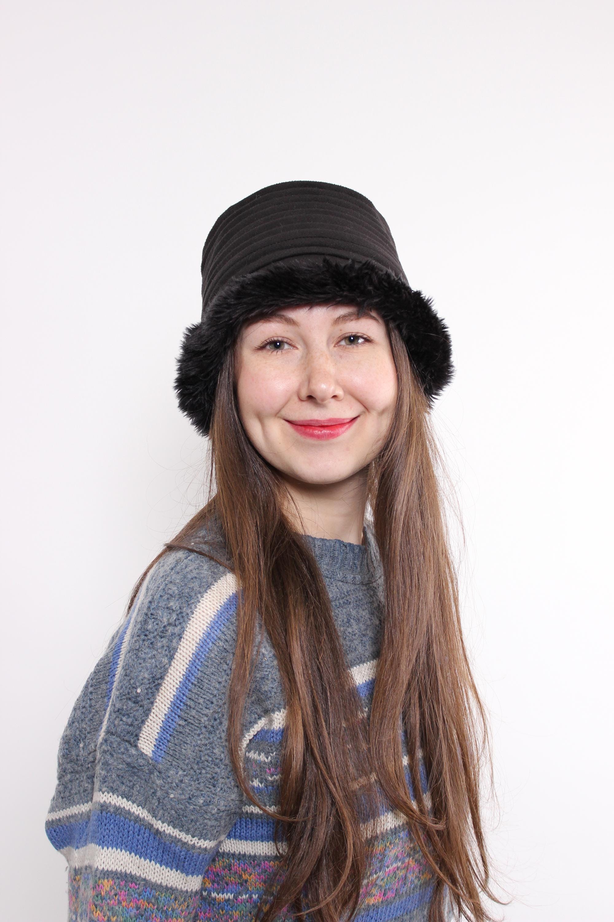 90s Retro Cloche Hat, Vintage Black Women Winter Bucket Hat 