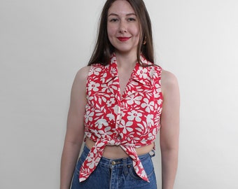 90s Vintage Floral Crop Top: Red Hawaiian Print, Size M