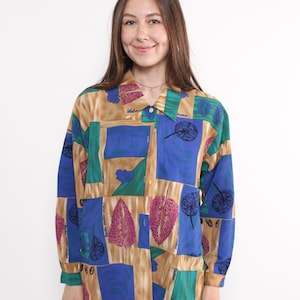 80s abstract art print blouse, vintage bohemian colourful blouse, Size M