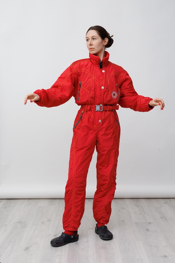 Red Yellow Contrast Stitch Sun Embroidered Belted Vintage Ski Suit Jumpsuit Size M