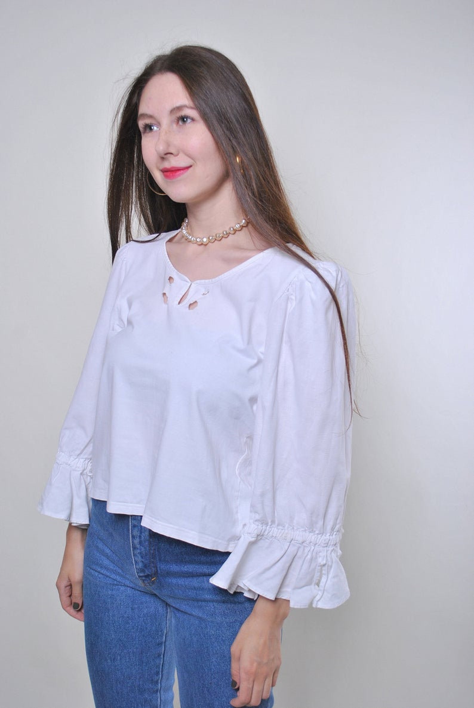 Vintage lace boho white blouse Size M | Etsy