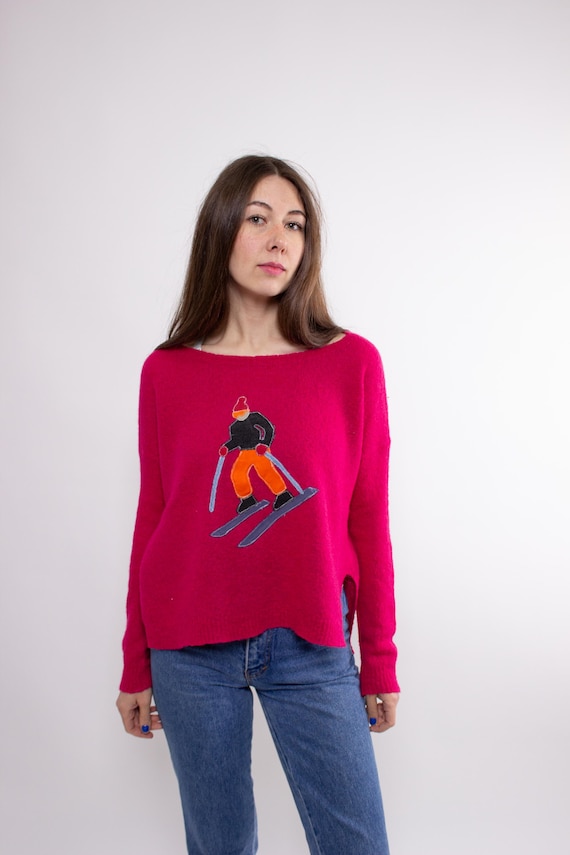 Vintage Reworked Apres Ski Sweater: 90s Pink Appliqué Pullover