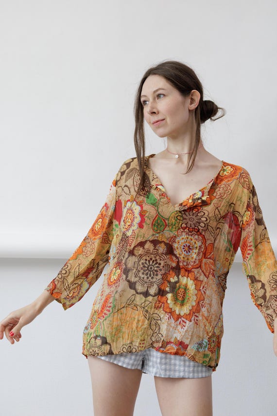 90s Orange Batik Floral Crinkle Vintage Blouse Ruffle V Neck Boho Peasant Size M