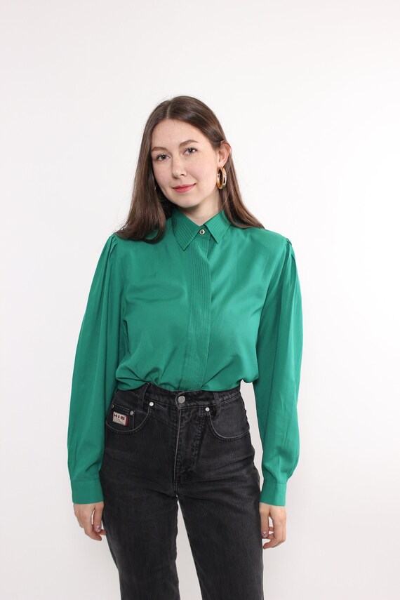 90s Green Blouse Puff Sleeve Top Dark Academia Secretary Vintage , Size M