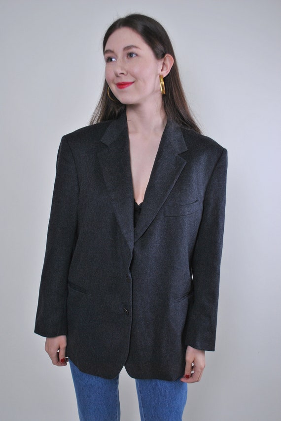 Women vintage wool Italian grey minimalist blazer,