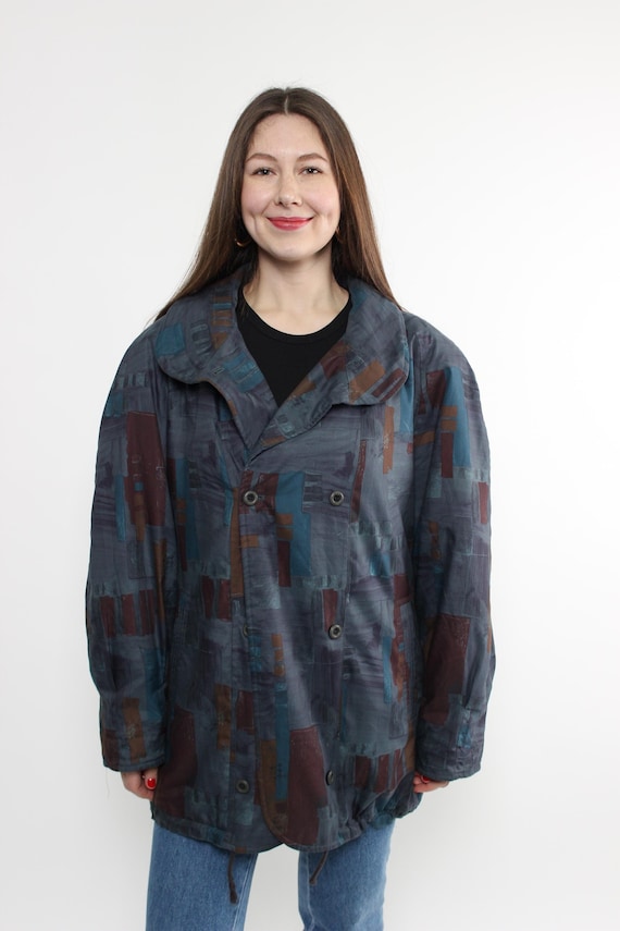 80s abstract print jacket, vintage autumn colorful pattern sport wear jacket, Size L