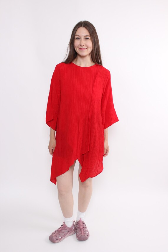 Vintage 90s Red Crinkle Asymmetric Hem Mini Dress, Artsy Grunge Party Style