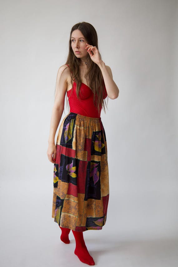 80s Abstract Leaf Print Midi Skirt Vintage Elastic Waist