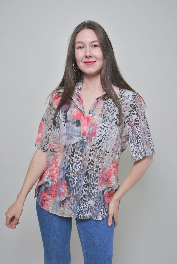 Y2K leopard pattern sheer blouse, vintage 2000s blouse with flowers print, Size M