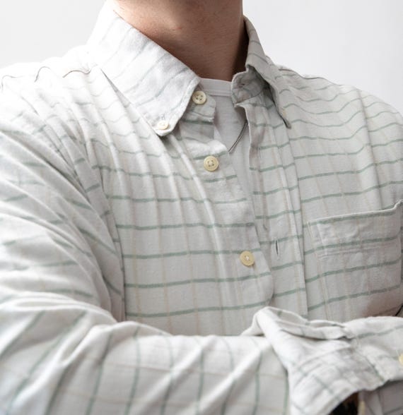 90s White Windowpane Check Shirt Vintage Long Sleeve Oversized Cotton Button Down Size L