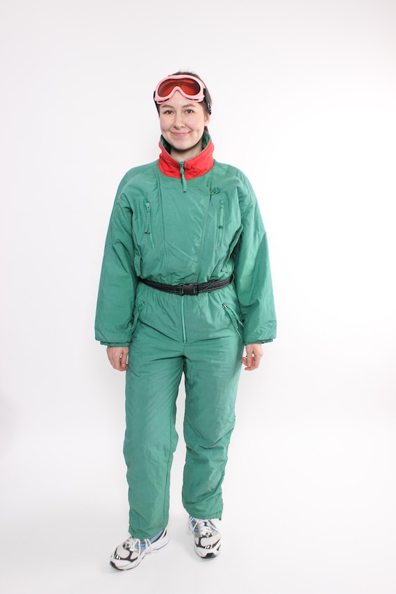 Vintage 90s Green Ski Suit, Women’s One Piece Snowsuit, Size M