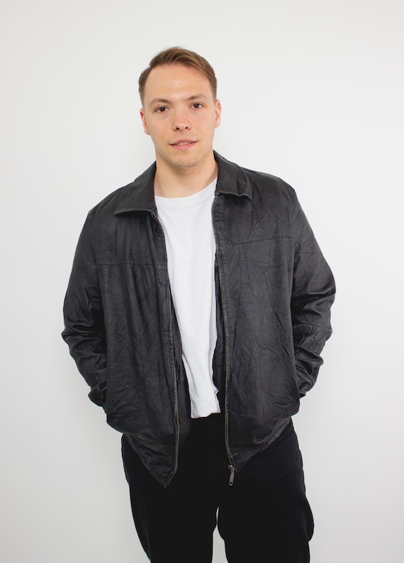 Vintage 90s Black Leather Jacket, Retro Minimalist Zip-Up Bomber Style Jacket, Size XL