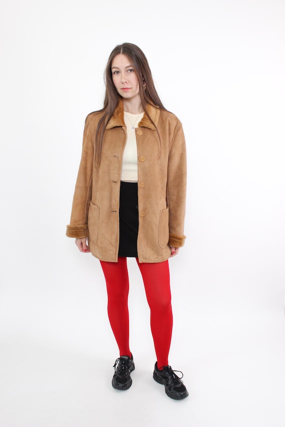 90s Beige  Shearling Coat, Vintage Women’s Winter Outerwear Faux Lined Jacket, Size M