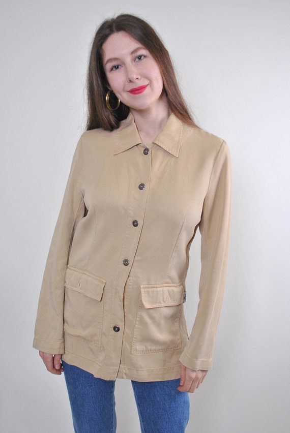 Minimalist blouse, casual sand button up blouse, S