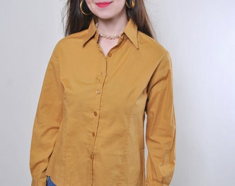 Vintage minimalist beige blouse with long sleeve, Size L