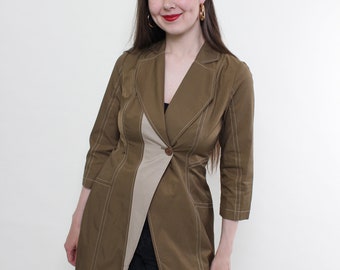 00s lightweight patchwork trench coat, vintage khaki green fall jacket, Size S