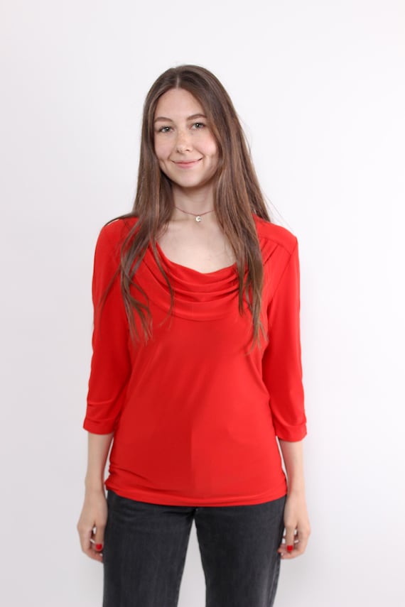 Red Cowl Neck Fitted Top Y2k Stretchy Minimalist Short Sleeve Blouse Size M