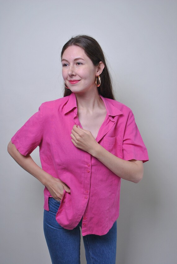 90s Hot Pink  Shirt Vintage Camp Collar Boxy Button Up Minimalist Summer Blouse Large