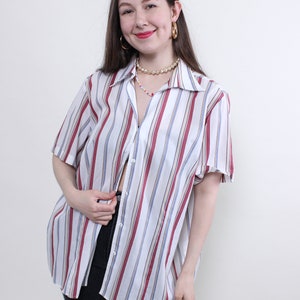 90s casual blouse, vintage summer striped button up, oversized short sleeve shirt, Size XL
